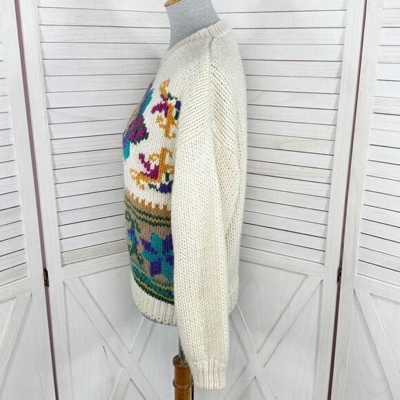 Vintage Rafferty 80s 90s Floral Chunky Knit Sweater Ivory Large Crewneck - Picture 2 of 11